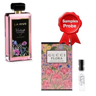 La Rive Vintage Flowers - Eau de Parfum pour Femme 90 ml, echantillon Gucci Flora Gorgeous Gardenia EDP 1,5 ml